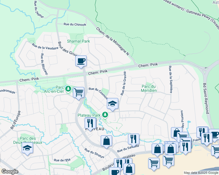 map of restaurants, bars, coffee shops, grocery stores, and more near Rue du Solstice in Gatineau