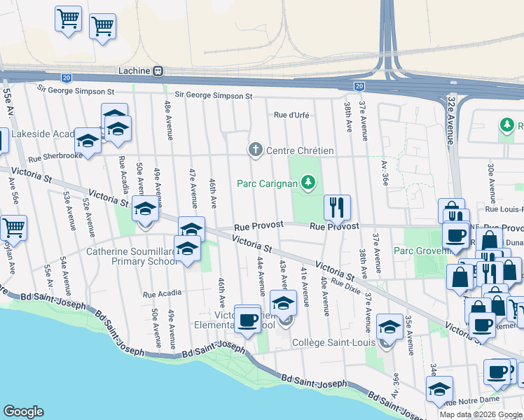 map of restaurants, bars, coffee shops, grocery stores, and more near 530 44e Avenue in Montréal