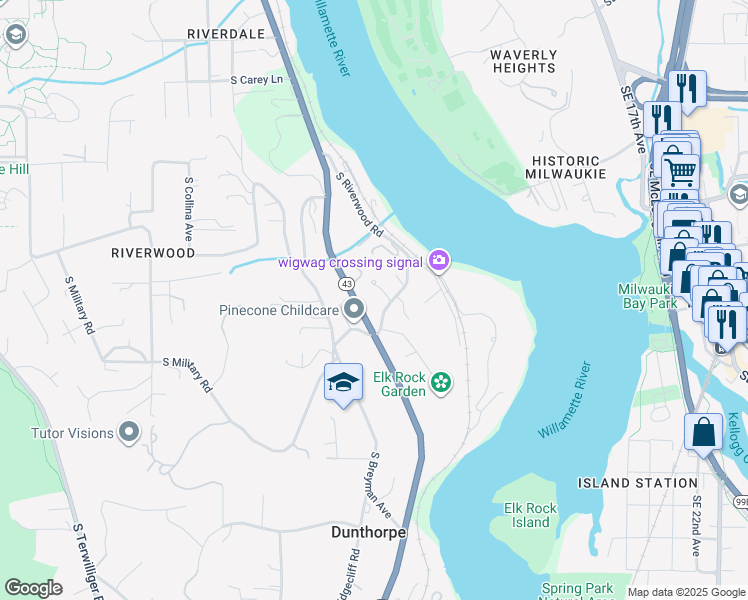 map of restaurants, bars, coffee shops, grocery stores, and more near 2393 South Military Road in Portland