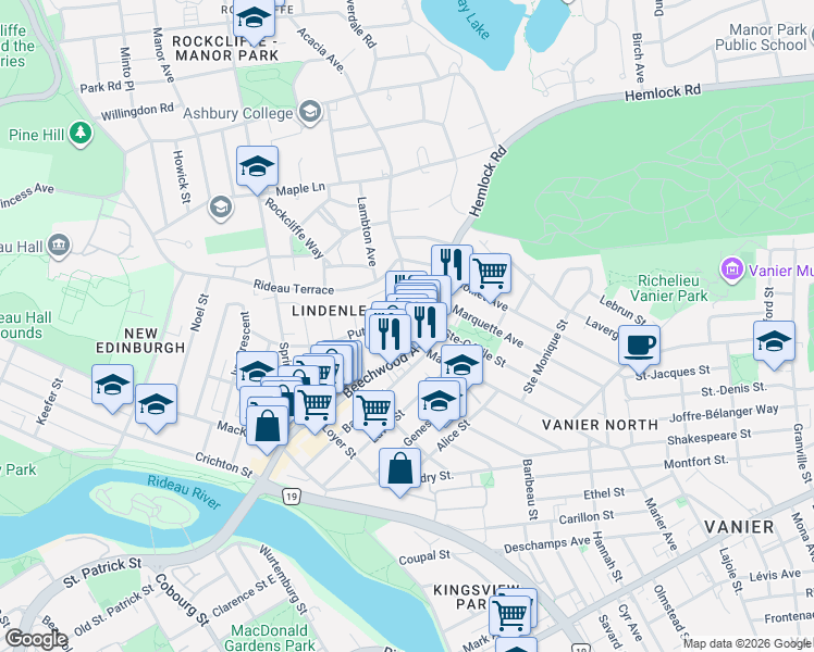 map of restaurants, bars, coffee shops, grocery stores, and more near 13 Acacia Avenue in Ottawa