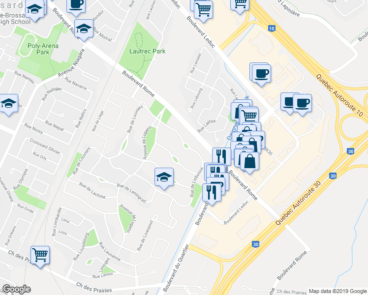 map of restaurants, bars, coffee shops, grocery stores, and more near Rue de Lisbonne in Brossard