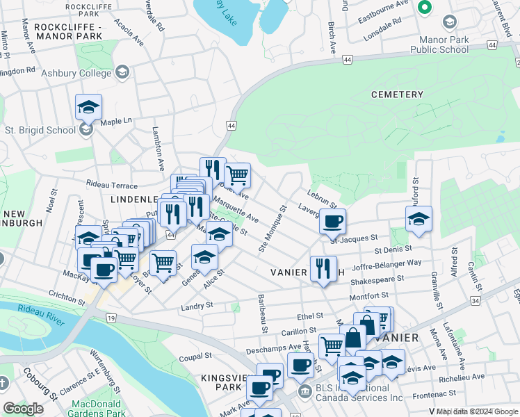 map of restaurants, bars, coffee shops, grocery stores, and more near in Ottawa
