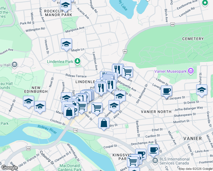 map of restaurants, bars, coffee shops, grocery stores, and more near 11 Acacia Avenue in Ottawa