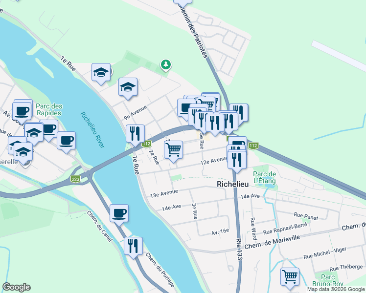 map of restaurants, bars, coffee shops, grocery stores, and more near 109 Boulevard Swail in Richelieu