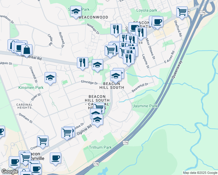 map of restaurants, bars, coffee shops, grocery stores, and more near 1917 Ogilvie Road in Ottawa