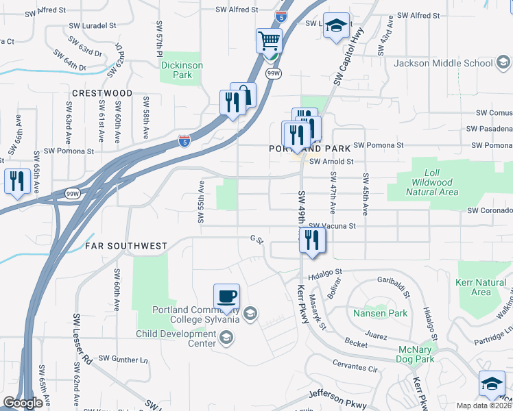 map of restaurants, bars, coffee shops, grocery stores, and more near 5137 Southwest Coronado Street in Portland