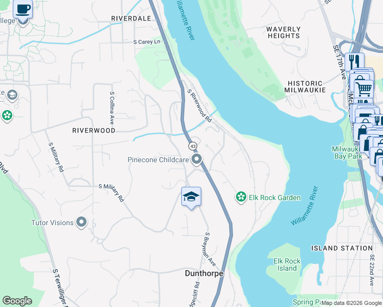 map of restaurants, bars, coffee shops, grocery stores, and more near 11422 South Breyman Avenue in Portland