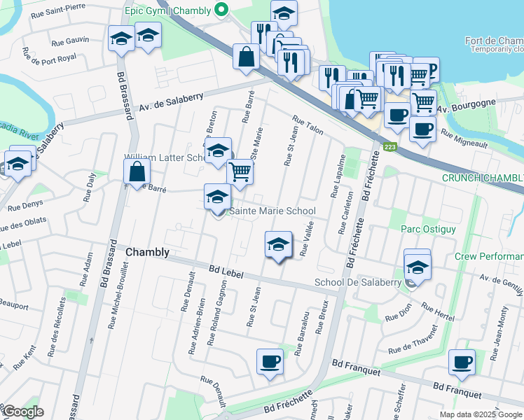 map of restaurants, bars, coffee shops, grocery stores, and more near 1156 Rue Cartier in Chambly
