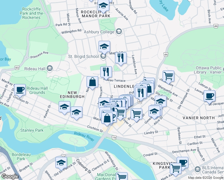 map of restaurants, bars, coffee shops, grocery stores, and more near 113 Springfield Road in Ottawa
