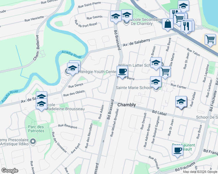 map of restaurants, bars, coffee shops, grocery stores, and more near 1323 Rue Barthélémy Darche in Chambly