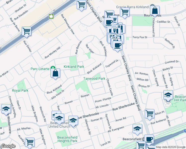 map of restaurants, bars, coffee shops, grocery stores, and more near 133 Taywood Drive in Beaconsfield