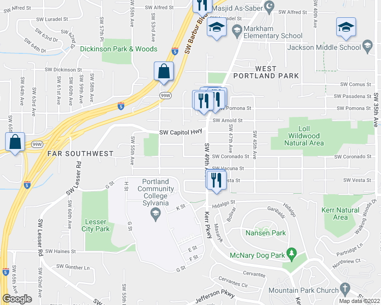 map of restaurants, bars, coffee shops, grocery stores, and more near 5029 Southwest Coronado Street in Portland