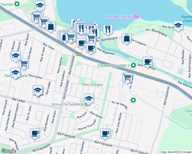 map of restaurants, bars, coffee shops, grocery stores, and more near 876 Rue Charette in Chambly