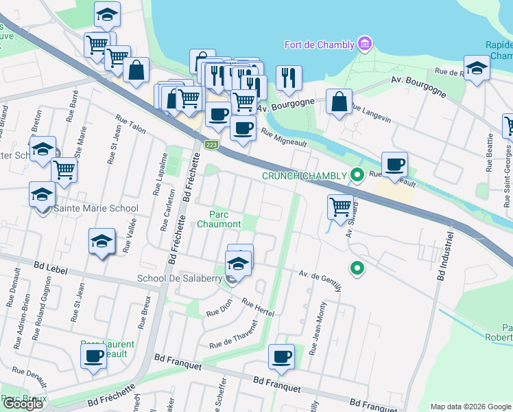 map of restaurants, bars, coffee shops, grocery stores, and more near 876 Rue Charette in Chambly