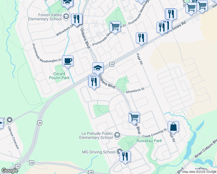 map of restaurants, bars, coffee shops, grocery stores, and more near 6075 Pineglade Crescent in Ottawa