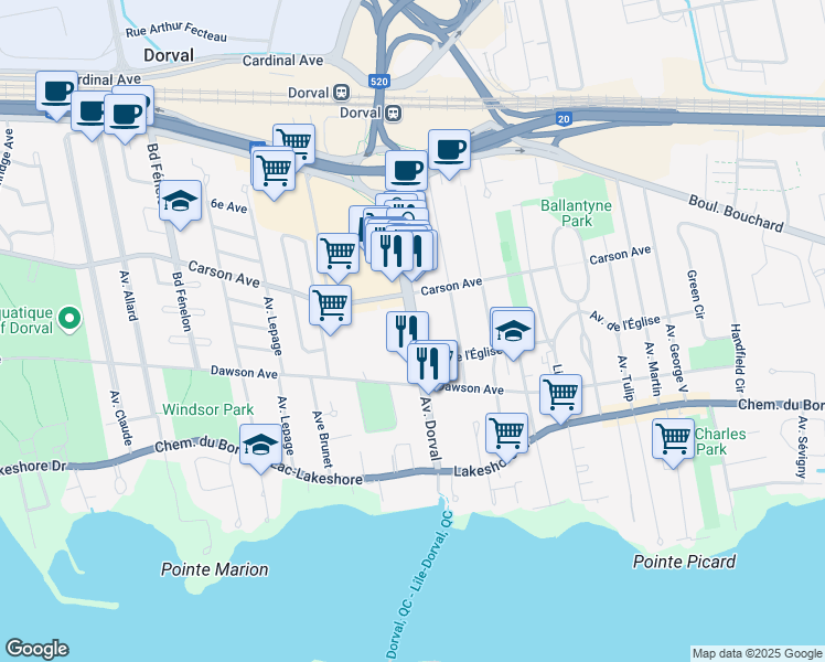 map of restaurants, bars, coffee shops, grocery stores, and more near Avenue Dorval in Dorval