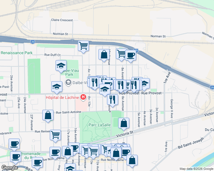 map of restaurants, bars, coffee shops, grocery stores, and more near 725 10e Avenue in Montréal