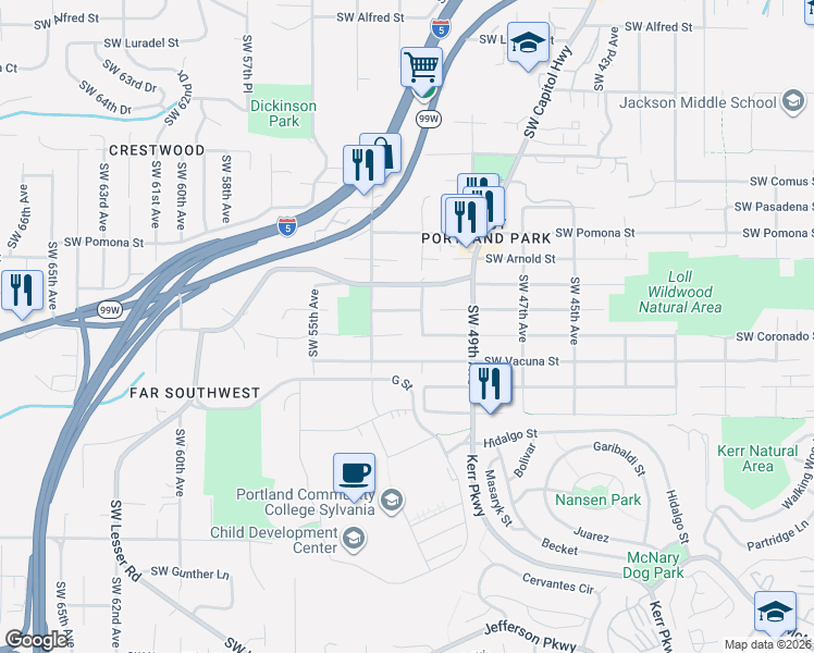 map of restaurants, bars, coffee shops, grocery stores, and more near 5137 Southwest Coronado Street in Portland