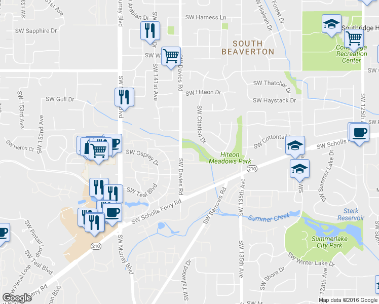 map of restaurants, bars, coffee shops, grocery stores, and more near 10690 Southwest Davies Road in Beaverton