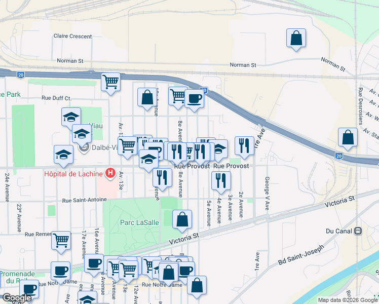 map of restaurants, bars, coffee shops, grocery stores, and more near 714 7e Avenue in Montréal