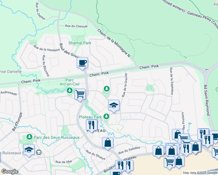 map of restaurants, bars, coffee shops, grocery stores, and more near 23 Rue du Solstice in Gatineau