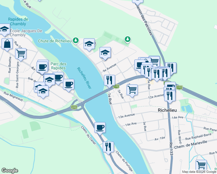 map of restaurants, bars, coffee shops, grocery stores, and more near 123 Boulevard Richelieu in Richelieu