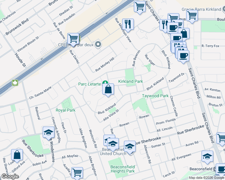 map of restaurants, bars, coffee shops, grocery stores, and more near 19 Rue Gingerwood in Kirkland