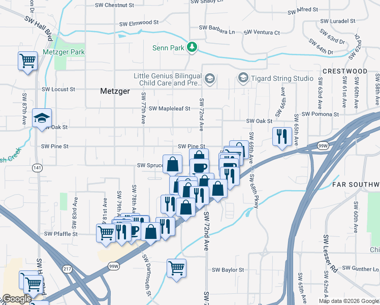 map of restaurants, bars, coffee shops, grocery stores, and more near 10744 Topping Court in Tigard