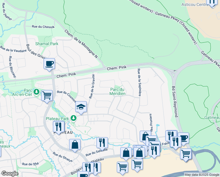 map of restaurants, bars, coffee shops, grocery stores, and more near 114 Rue du Méridien in Gatineau