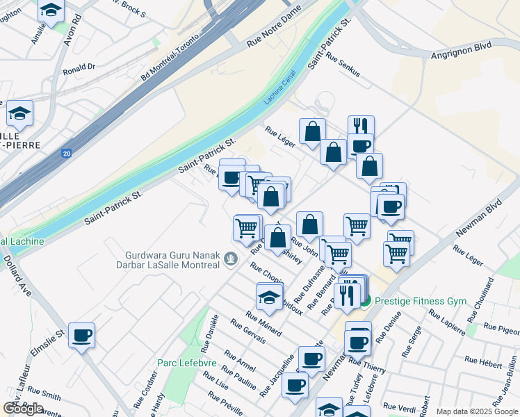 map of restaurants, bars, coffee shops, grocery stores, and more near 2502 Rue Lapierre in Montréal