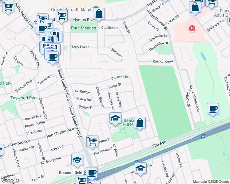 map of restaurants, bars, coffee shops, grocery stores, and more near 170 Avenue Kipling in Beaconsfield