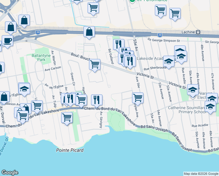 map of restaurants, bars, coffee shops, grocery stores, and more near 301 Avenue de l'Académie in Dorval