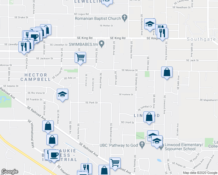 map of restaurants, bars, coffee shops, grocery stores, and more near 5426 Southeast Woodhaven Street in Milwaukie