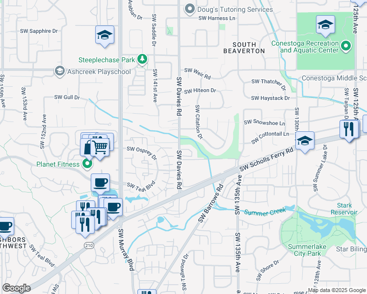 map of restaurants, bars, coffee shops, grocery stores, and more near 10690 Southwest Davies Road in Beaverton