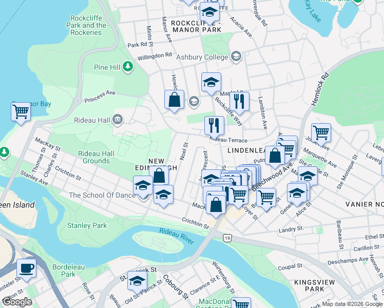 map of restaurants, bars, coffee shops, grocery stores, and more near 59 Ivy Crescent in Ottawa