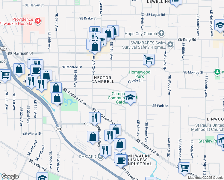 map of restaurants, bars, coffee shops, grocery stores, and more near 4405 Southeast Rio Vista Street in Milwaukie