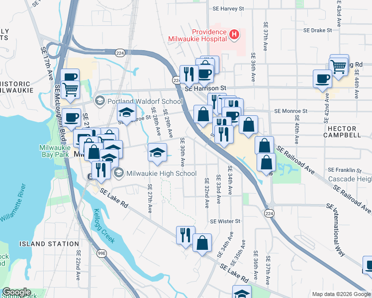 map of restaurants, bars, coffee shops, grocery stores, and more near 11179 Southeast 31st Avenue in Milwaukie