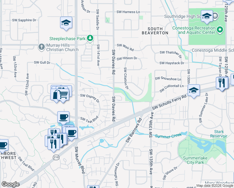 map of restaurants, bars, coffee shops, grocery stores, and more near 10690 Southwest Davies Road in Beaverton