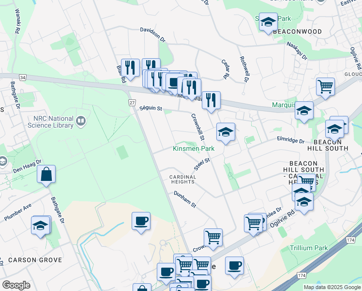 map of restaurants, bars, coffee shops, grocery stores, and more near in Ottawa