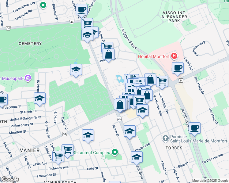 map of restaurants, bars, coffee shops, grocery stores, and more near in Ottawa