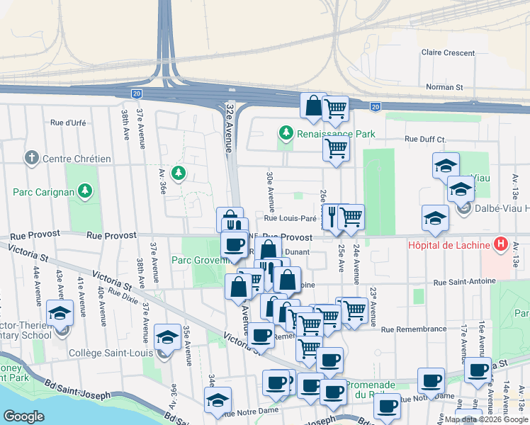 map of restaurants, bars, coffee shops, grocery stores, and more near 3040 Rue Louis-Paré in Montréal