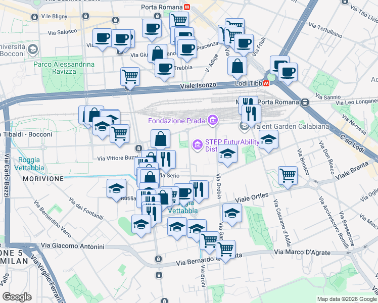 map of restaurants, bars, coffee shops, grocery stores, and more near Via Adamello in Milano