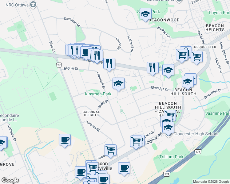 map of restaurants, bars, coffee shops, grocery stores, and more near in Ottawa