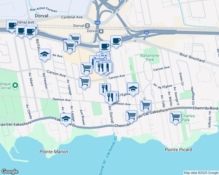 map of restaurants, bars, coffee shops, grocery stores, and more near 267 Avenue Dorval in Dorval