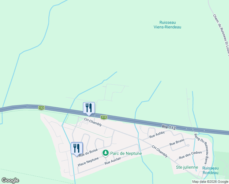 map of restaurants, bars, coffee shops, grocery stores, and more near Rue des Ormes in Marieville