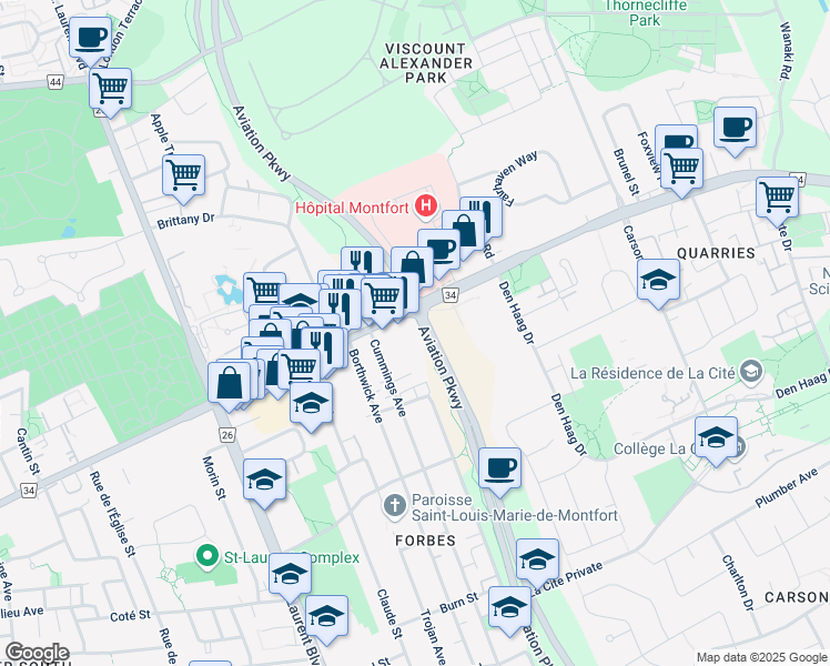 map of restaurants, bars, coffee shops, grocery stores, and more near 680 Montréal Road in Ottawa