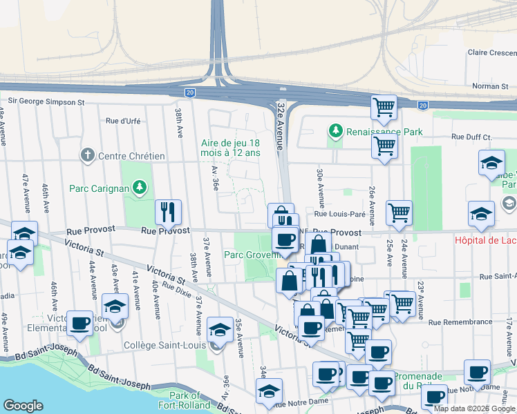 map of restaurants, bars, coffee shops, grocery stores, and more near 659 Terrasse du Ruisseau in Montréal