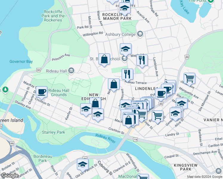 map of restaurants, bars, coffee shops, grocery stores, and more near 116 Noel Street in Ottawa