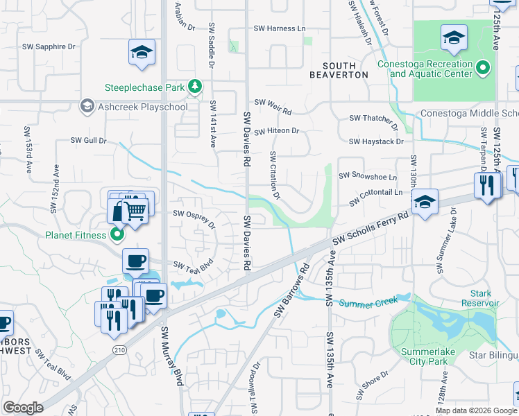 map of restaurants, bars, coffee shops, grocery stores, and more near 10690 Southwest Davies Road in Beaverton