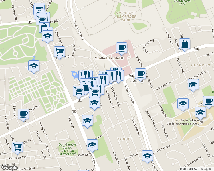 map of restaurants, bars, coffee shops, grocery stores, and more near in Ottawa